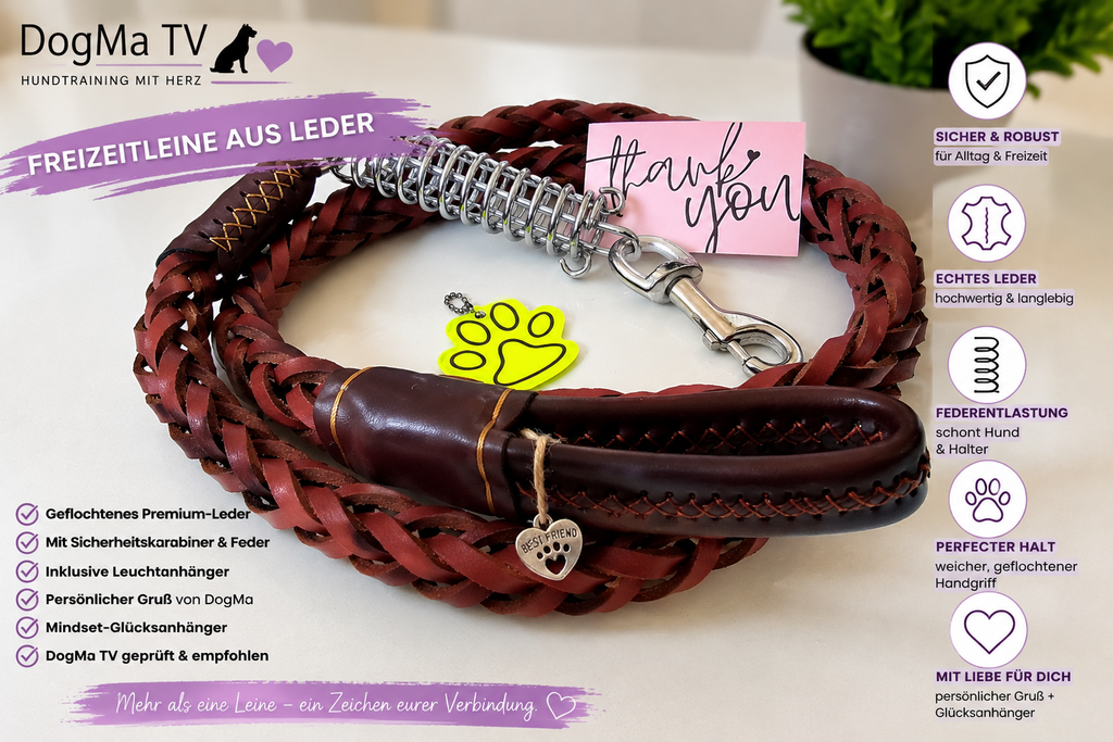🦮 DogMa TV Freizeitleine aus Leder – mit GRATIS Glücksanhänger 💜🐾