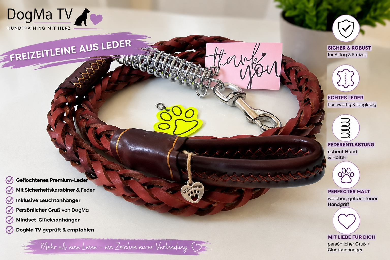 🦮 DogMa TV Freizeitleine aus Leder – mit GRATIS Glücksanhänger 💜🐾