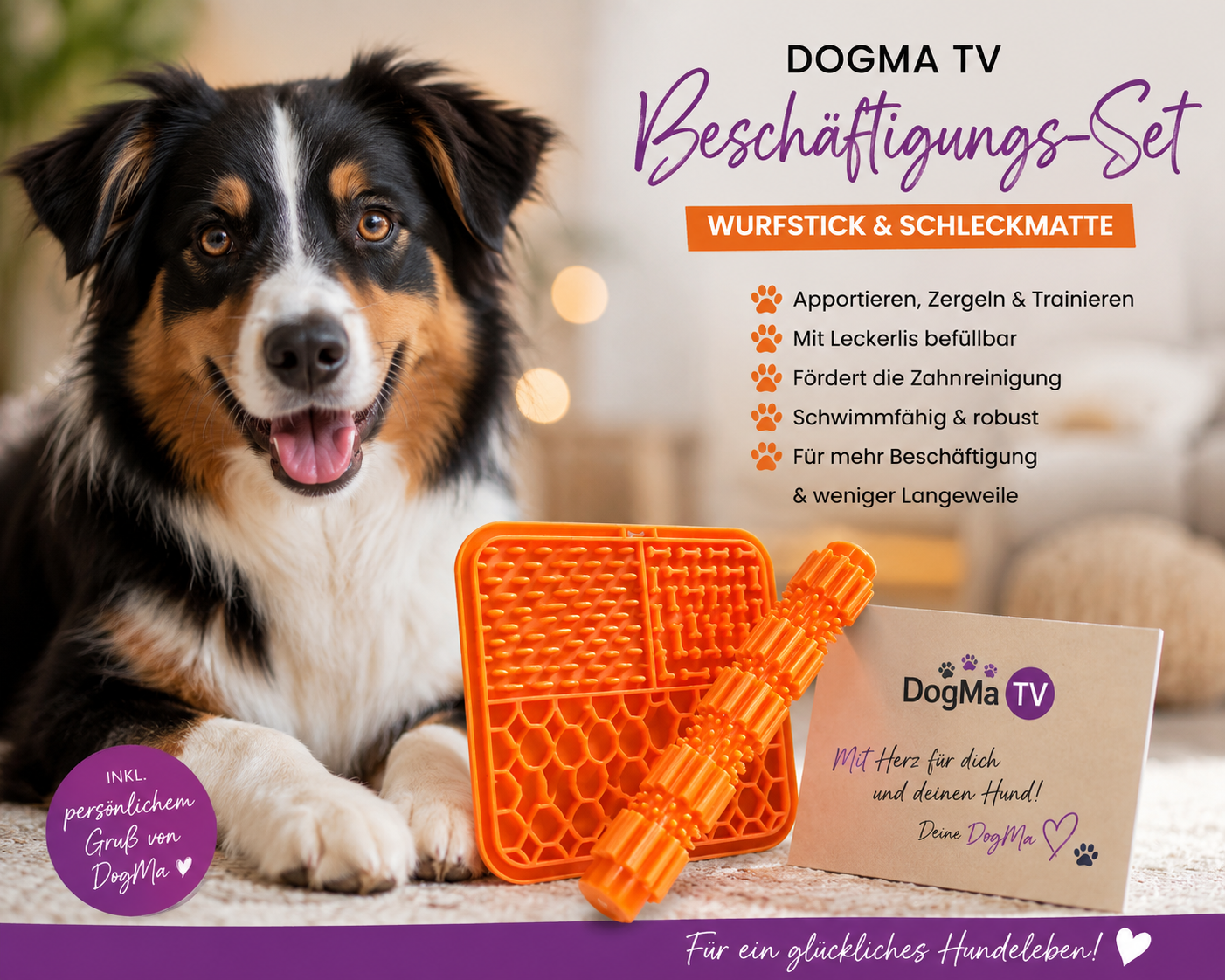🧡 DogMa TV Beschäftigungs-Set Orange – Wurfstick & Schleckmatte inkl. persönlichem Gruß