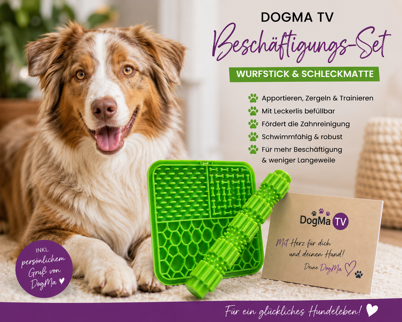 💚 DogMa TV Beschäftigungs-Set Grün – Wurfstick & Schleckmatte inkl. persönlichem Gruß