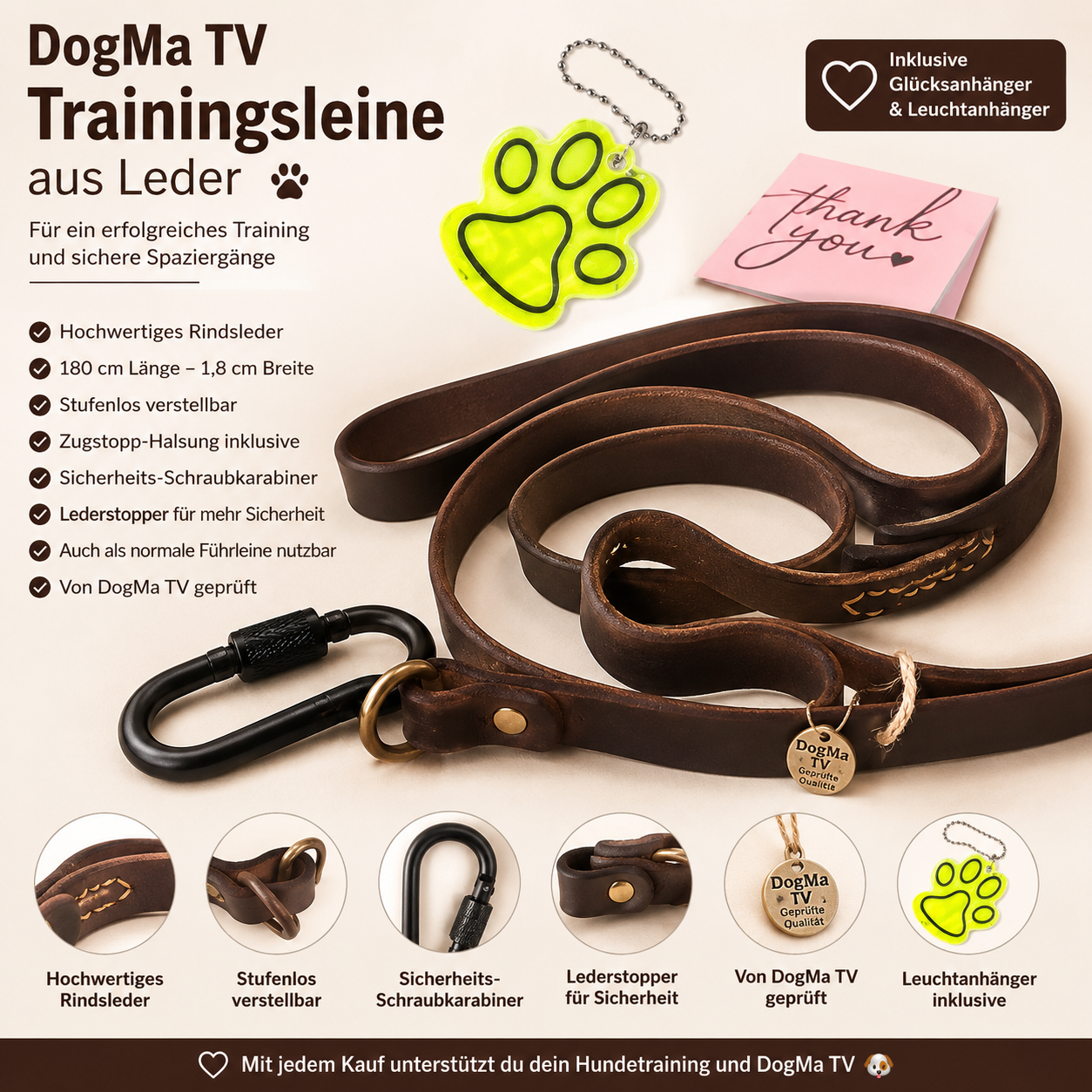 🦮 DogMa TV Trainingsleine aus Leder mit Sicherheitskarabiner, Glücksanhänger & persönlichem Gruß